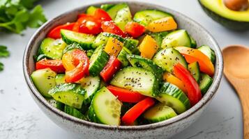 Overhead view of cucumber salad with bell pepper slices avocado chunks and chia seeds in a ceramic bowl with a wooden spoon beside it photo