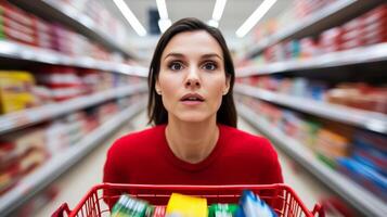 Close up of a shoppers face filled with determination pushing through a crowded aisle with a cart overflowing with Black Friday deals surrounded by others grabbing products photo