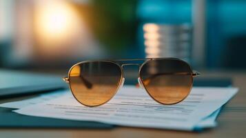 Close up of a faded wrinkled boarding pass and sunglasses lying on a cluttered desk with work papers capturing the transition from vacation to work photo