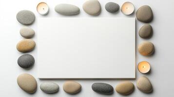 Overhead view of a meditation themed picture frame with a border of zen stones tranquil water reflections and soft candlelight in calming neutral colors isolated on a white background photo