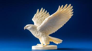 Side view of a butter sculpture of a soaring eagle with outstretched wings feathers meticulously detailed isolated on a deep blue gradient background cool lighting photo
