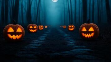 Spooky garden path lined with jack o lanterns glowing softly in eerie mist twisted trees with ghostly white branches reaching out full moon casting shadows photo