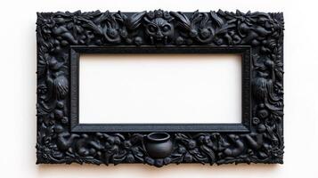 Top down shot of a rectangular Halloween style frame with intricate carvings of witches cauldrons and black cats in a dark vintage finish isolated on a white background photo