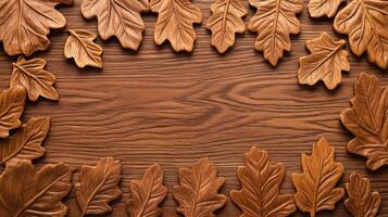 Smooth oak texture with carved leaf details Thanksgiving nature inspired warmth rich wood grain perfect for autumn themed graphics photo