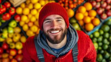 Overhead shot of a happy farmer at an autumn market stall arranging colorful produce smiling as the sunlight filters through the golden leaves overhead photo
