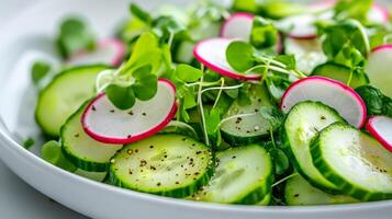 Macro shot of cucumber salad with thin cucumber ribbons radish slices and microgreens drizzled with balsamic glaze isolated on a white background photo