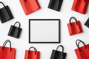 Overhead view of a Black Friday style picture frame with bold black and red design featuring sale tags and shopping bags motifs isolated on a white background photo