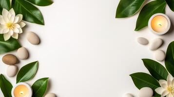 Overhead view of a meditation themed picture frame with a serene border of lotus flowers smooth pebbles and soft candlelight in calming pastel tones isolated on a white background photo
