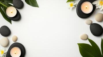 Overhead view of a meditation themed picture frame with a serene border of lotus flowers smooth pebbles and soft candlelight in calming pastel tones isolated on a white background photo