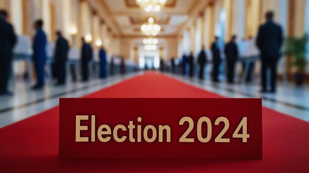 Election 2024 in elegant script on a blurred background of voters in a polling station subtle motion blur effect photo