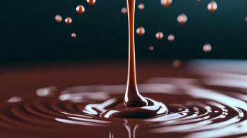 close up of rich dark chocolate cascading from a fountain into a smooth pool below with light reflecting on the shiny surface photo