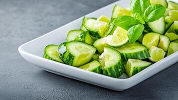 Side view of a minimalist cucumber salad with diced cucumbers avocado and lime wedges on a white rectangular plate empty space for text photo
