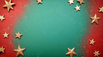 Vintage Christmas background with distressed red and green grunge texture subtle snowflakes and faded golden stars scattered for a nostalgic holiday vibe empty space for festive text photo