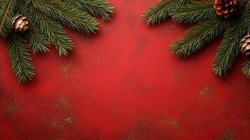 Vintage Christmas distressed red background with peeling paint texture aged gold speckles and cracked pine branches retro holiday warmth with text space photo