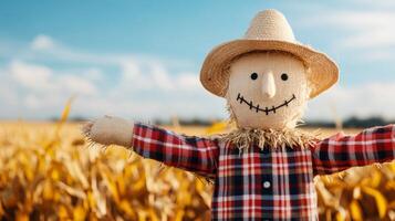 A charming scarecrow in a vibrant autumn cornfield, representing harvest seasons traditional rural life photo