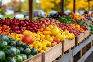 A colorful autumn market stall overflowing with fresh, locally harvested produce, capturing the essence of community and season photo