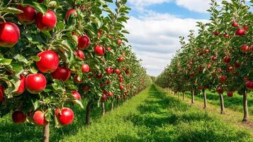 A picturesque orchard with trees heavy with ripe apples, showcasing the fruitful beauty of harvest season photo