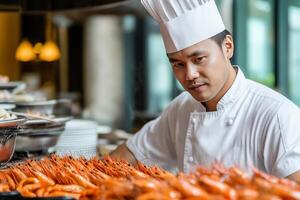 A skilled chef effortlessly steams a tantalizing spread of seafood, accentuating the aroma and visual appeal of each delicacy photo