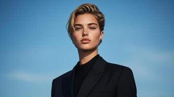 Androgynous model with ethereal beauty wearing a deconstructed suit blending sharp lines with soft details strong pose with a serene expression high fashion editorial photo