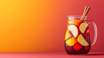 Autumn sangria with red wine, sliced apples, oranges, and cinnamon sticks, served in a large glass pitcher, vibrant hues against a gradient background from rich red to golden orange photo