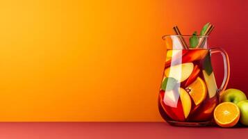 Autumn sangria with red wine, sliced apples, oranges, and cinnamon sticks, served in a large glass pitcher, vibrant hues against a gradient background from rich red to golden orange photo