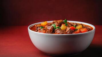 Bowl of hearty beef stew with tender chunks of meat, root vegetables, and rich gravy, rustic vibes set against a gradient background from deep red to earthy brown photo