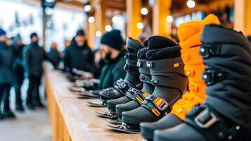 Busy snowboard rental station with people trying on boots selecting boards lively conversations inside a warm, cabin like setting snow visible just outside photo