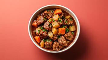 Bowl of hearty beef stew with tender chunks of meat, root vegetables, and rich gravy, rustic vibes set against a gradient background from deep red to earthy brown photo