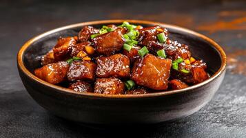 Chinese braised pork belly with chestnuts in a rich soy based sauce, hearty and glossy, served against a gradient background from dark brown to warm amber photo