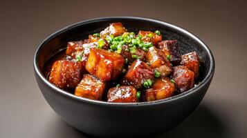 Chinese braised pork belly with chestnuts in a rich soy based sauce, hearty and glossy, served against a gradient background from dark brown to warm amber photo