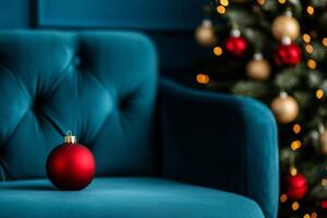 Christmas and New Years Eve decor in cozy home interiors with the color palette of deep blue, vibrant red, pale yellow, and seafoam green photo