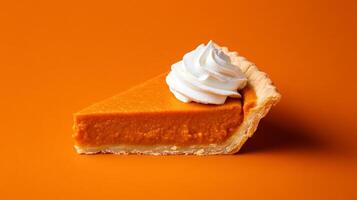 Classic American pumpkin pie slice with whipped cream on top, vibrant orange filling against a flaky crust, placed on a gradient background from burnt orange to deep brown photo