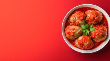 Classic European autumn dish of cabbage rolls stuffed with minced meat, covered in rich tomato sauce, set against a gradient background fading from deep red to earthy orange photo