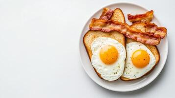 Classic breakfast of sunny side up eggs, crispy bacon, and toast, neatly arranged with empty space on the right side for text, neutral gradient background photo