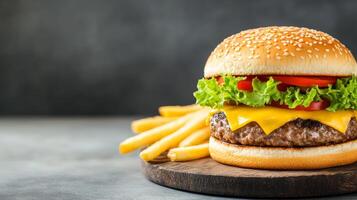 Classic cheeseburger with fries, juicy patty, melted cheese, lettuce, and tomato, placed on a rustic wooden board with empty space on the right for text, dark gradient background photo
