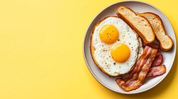 Classic breakfast of sunny side up eggs, crispy bacon, and toast, neatly arranged with empty space on the right side for text, neutral gradient background photo