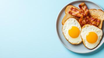Classic breakfast of sunny side up eggs, crispy bacon, and toast, neatly arranged with empty space on the right side for text, neutral gradient background photo