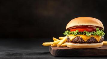 Classic cheeseburger with fries, juicy patty, melted cheese, lettuce, and tomato, placed on a rustic wooden board with empty space on the right for text, dark gradient background photo