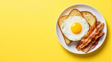 Classic breakfast of sunny side up eggs, crispy bacon, and toast, neatly arranged with empty space on the right side for text, neutral gradient background photo