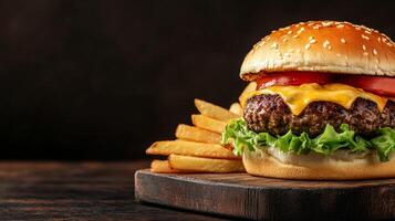 Classic cheeseburger with fries, juicy patty, melted cheese, lettuce, and tomato, placed on a rustic wooden board with empty space on the right for text, dark gradient background photo