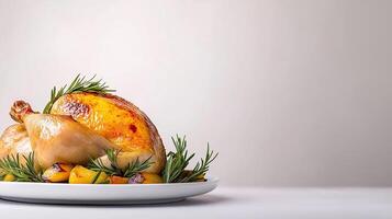 Classic roast chicken dish with golden brown skin, roasted vegetables, and herbs, presented on a white plate with empty space for text, soft gradient background photo