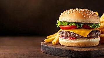 Classic cheeseburger with fries, juicy patty, melted cheese, lettuce, and tomato, placed on a rustic wooden board with empty space on the right for text, dark gradient background photo