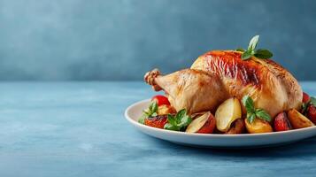 Classic roast chicken dish with golden brown skin, roasted vegetables, and herbs, presented on a white plate with empty space for text, soft gradient background photo