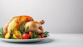 Classic roast chicken dish with golden brown skin, roasted vegetables, and herbs, presented on a white plate with empty space for text, soft gradient background photo