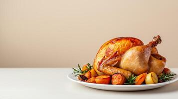 Classic roast chicken dish with golden brown skin, roasted vegetables, and herbs, presented on a white plate with empty space for text, soft gradient background photo