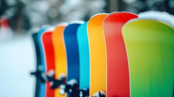 Close up of snowboards stacked against each other at a rental station bright colors and unique patterns against a snowy backdrop busy resort scene full of energy photo
