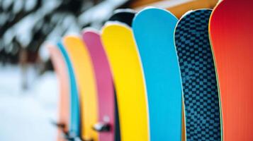 Close up of snowboards stacked against each other at a rental station bright colors and unique patterns against a snowy backdrop busy resort scene full of energy photo