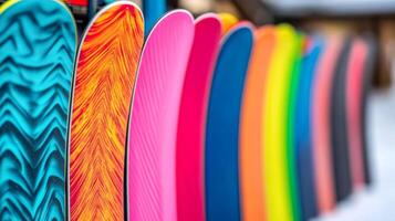 Close up of snowboards stacked against each other at a rental station bright colors and unique patterns against a snowy backdrop busy resort scene full of energy photo