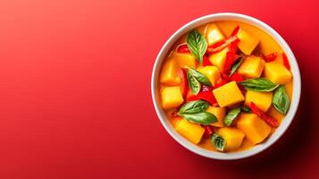 Comforting autumn dish of Thai pumpkin coconut curry, with chunks of pumpkin, bell peppers, and Thai basil, set against a gradient background transitioning from rich red to golden yellow photo