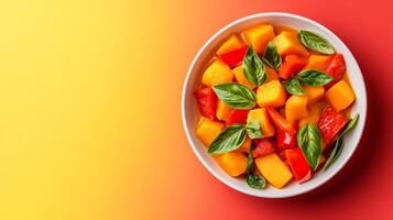 Comforting autumn dish of Thai pumpkin coconut curry, with chunks of pumpkin, bell peppers, and Thai basil, set against a gradient background transitioning from rich red to golden yellow photo
